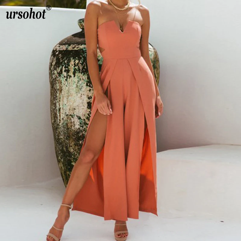 Ursohot Boho Длинные широкие комбинезоны с ремешками на ногах Плиссированные эластичные комбинезоны без рукавов с квадратным вырезом и высокой талией Шифон