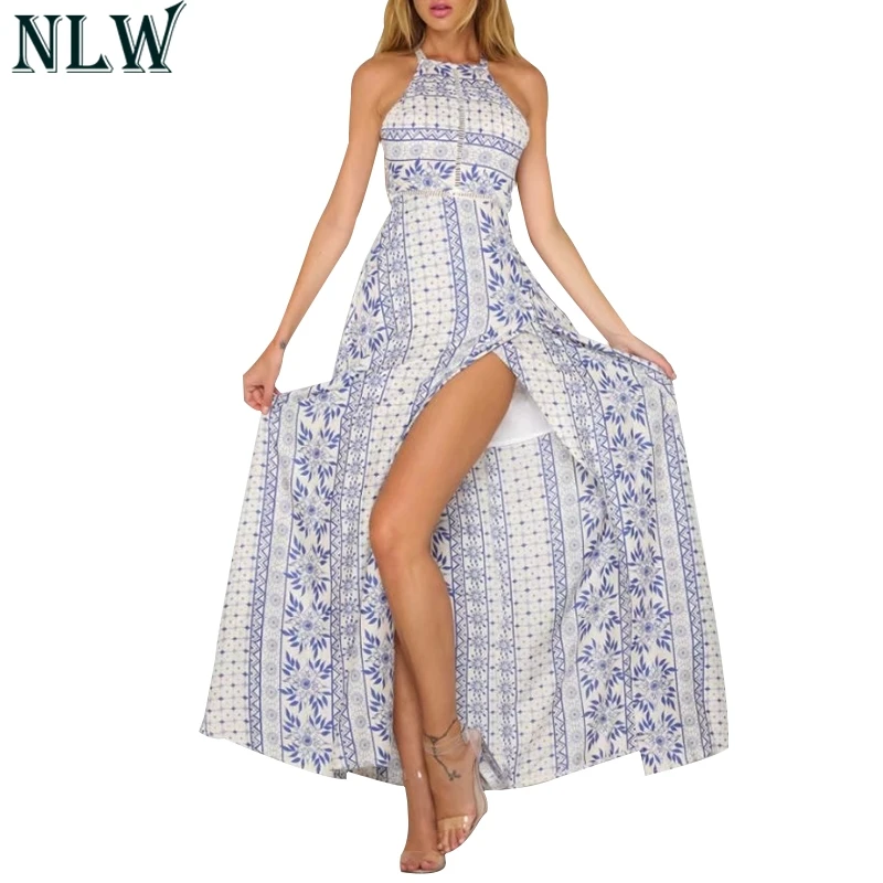 Nlw Белый Boho принт шифоновое платье высокое Разделение выдалбливают Элегантное