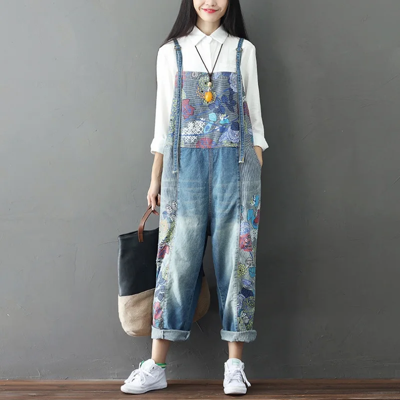 

2018 Women's Wide Leg Jeans Full Length Loose Denim Overalls Washed Print Ripped Hole Overalls