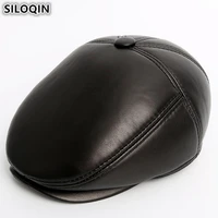 siloqin winter mens warm velvet thick beret brands genuine leather hats with ears middle aged sheepskin earmuffs hat dads cap