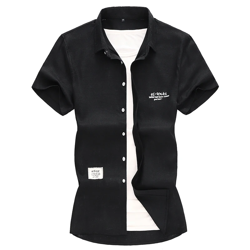 Мужская льняная рубашка с коротким рукавом однотонная в китайском стиле