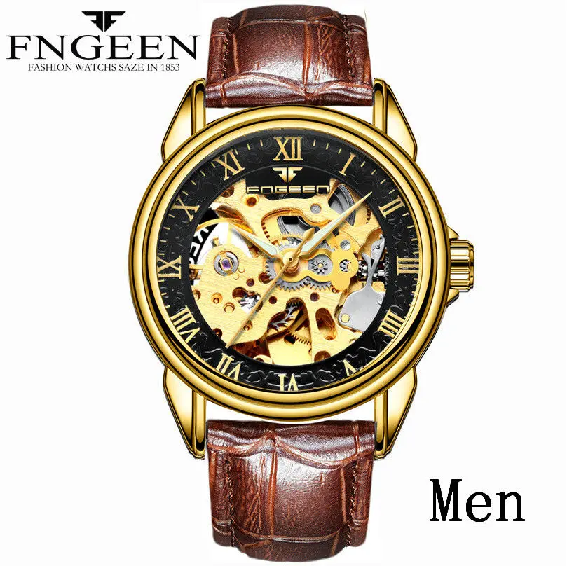 Для мужчин Часы автоматические механические часы мужской Tourbillon часы золотые модные часы Скелет лучшие брендовые наручные часы Relogio Masculino - Цвет: leather gold black