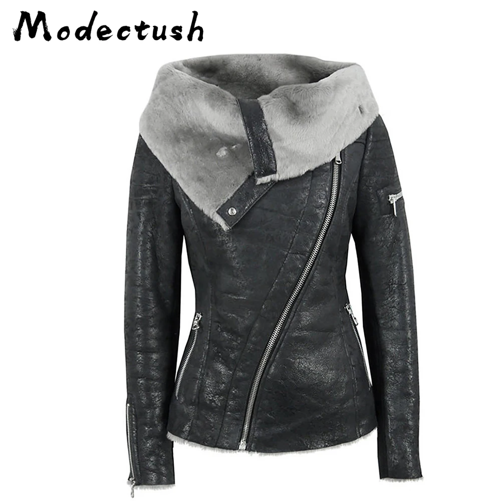 Женское кожаное пальто с воротником из искусственного меха Modecrush черная верхняя