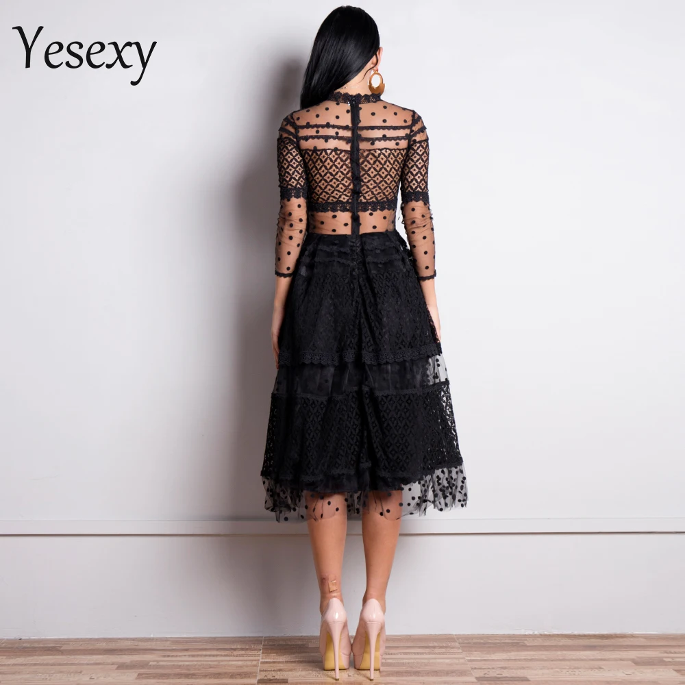 

Yesexy 2020 Women Sexy High Neck Long Sleeve Dot Dresses Female Lace Dress See Through Casual Elegant Dress VR18425