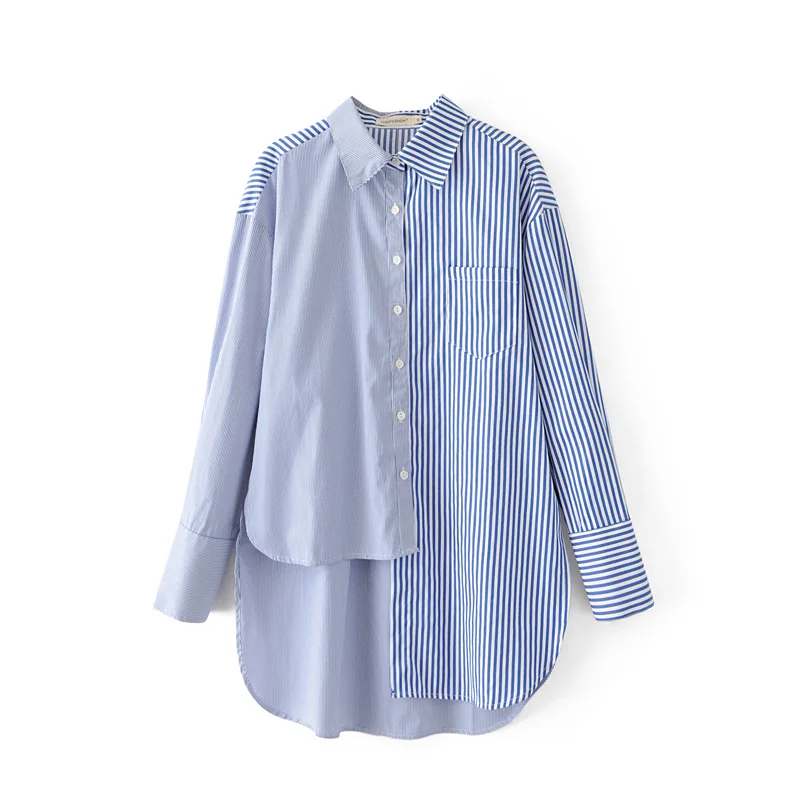 Женская Асимметричная Лоскутная Высокая Низкая полосатая блузка рубашка с
