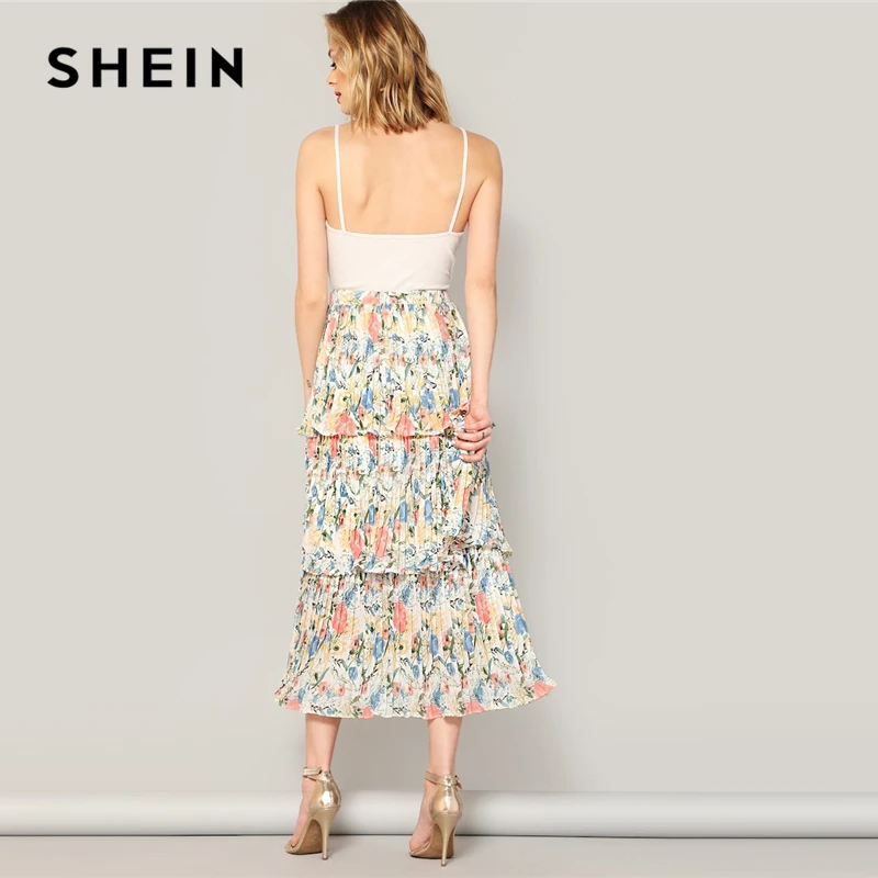 SHEIN Юбка С Оборками И Цветочным Принтом, Летняя Юбка С Эластичной Талией