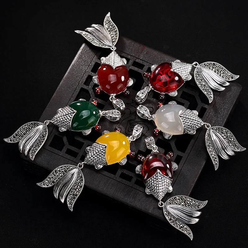 

2108 New silver S925 Sterling Silver Antique mosaic jade, agate, pomegranate red, marble stone fish, lady pendant wholesale