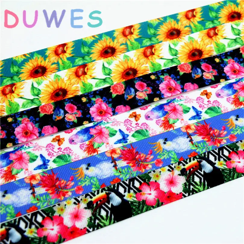 DUWES 7/8 ''Бесплатная доставка Цветы птицы подсолнухи печатные grosgrain ленточный