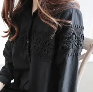 Korean Lace Patchwork Fashion Midi Loose Blouses Elegant Solid Full Sleeve Clothings Sexy Chic Button Casual blusas | Женская одежда