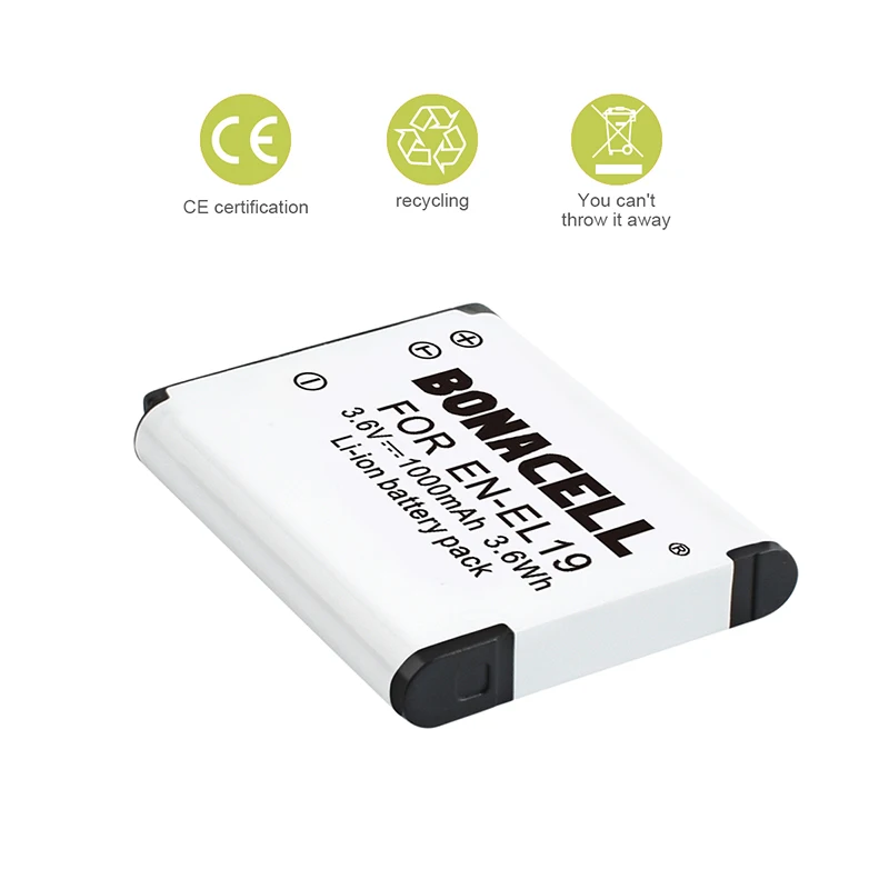 Bonacell 1.0Ah EN EL19 батарея для цифровой камеры Nikon Coolpix S33 S32 S3600 S3700 S4300 S5200 S6800 S4100 S4150 S4200