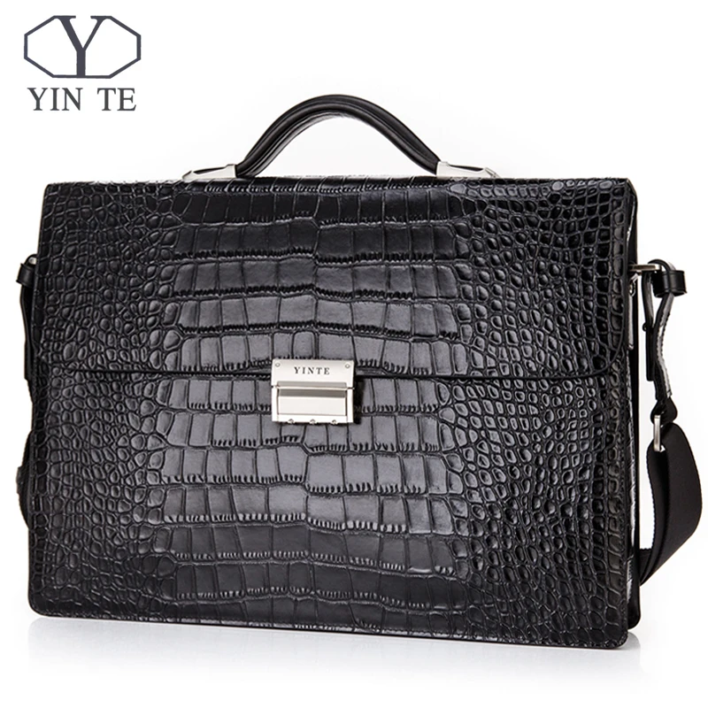 YINTE Leather Briefcase Messenger Shoulder Portfolio Laptop Bag Case Office Handbag Cow Leather Crocodile Pattern Tote T8146-11A