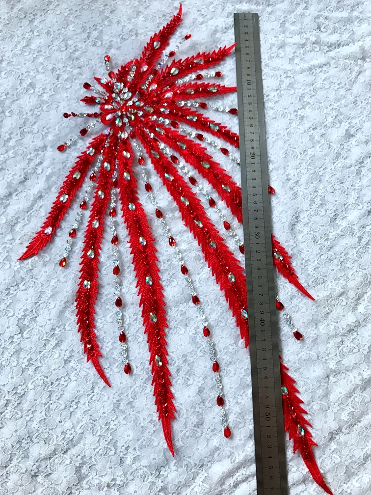 Handmade rhinestones lace applique red/clear AB colour crystal patches trim 57*32cm for DIY dress clothes accessory | Дом и сад