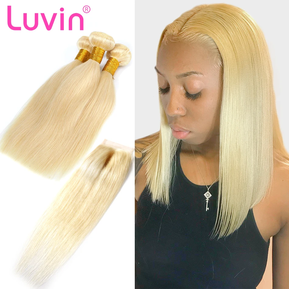 Luvin, прямые, 8-28 дюймов, 3, 4 пряди, бразильские человеческие волосы Remy, пряди с 4х4, на шнуровке, 613 блонд, волосы уток