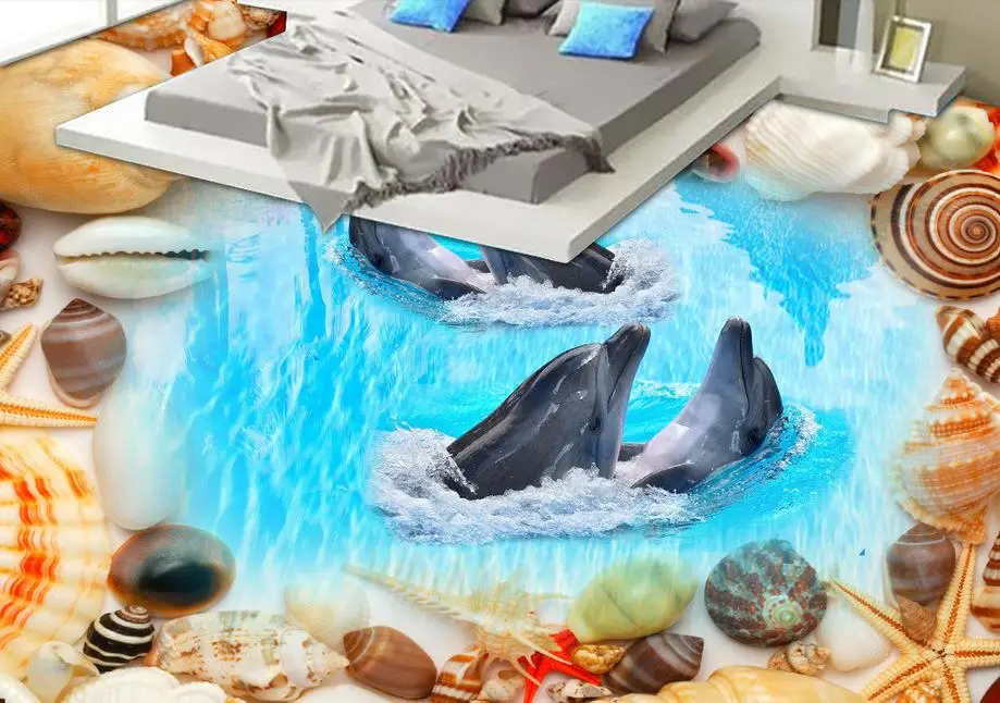 Пользовательские 3d полы пляжная оболочка обои с дельфинами пол живопись