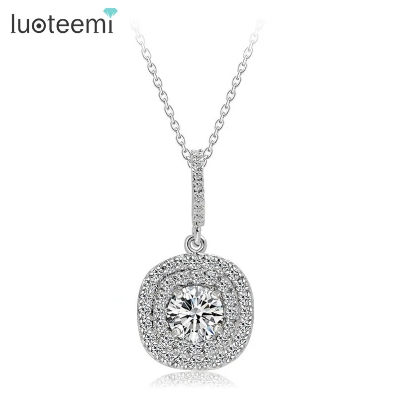 

LUOTEEMI Brand Latest Design Glittering Cubic Zirconia Micro Paved Square Pendant Necklace Women Fashion Jewelry