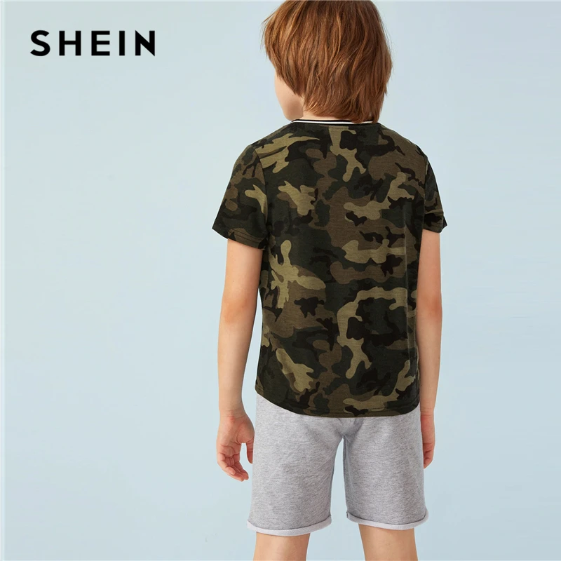 SHEIN/детская футболка в полоску с камуфляжным принтом для мальчиков, детская одежда, г. Летняя Повседневная футболка для подростка с короткими рукавами, топы