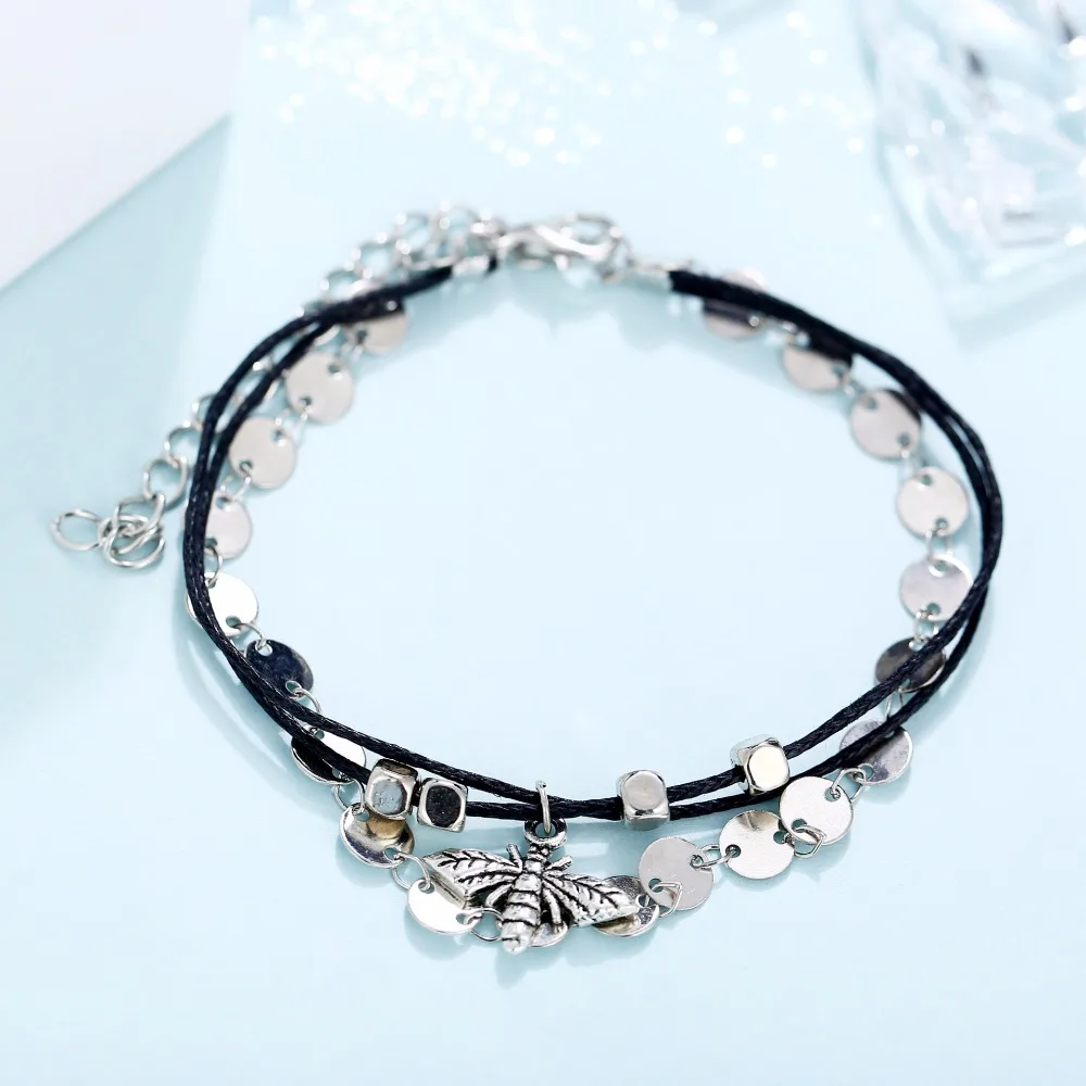 Vintage Antique Silver Color Anklet Women Honey Bee Sequins Geometric Bracelet Charm Bohemian Ankle Boho Foot Jewelry | Украшения и