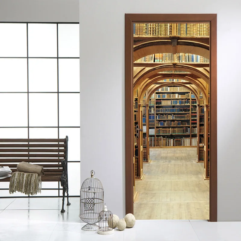 

PVC Self Adhesive Waterproof Bookshelf Mural Wallpaper 3D Stereo Space Door Sticker Living Room Study Room Door Mural De Parede