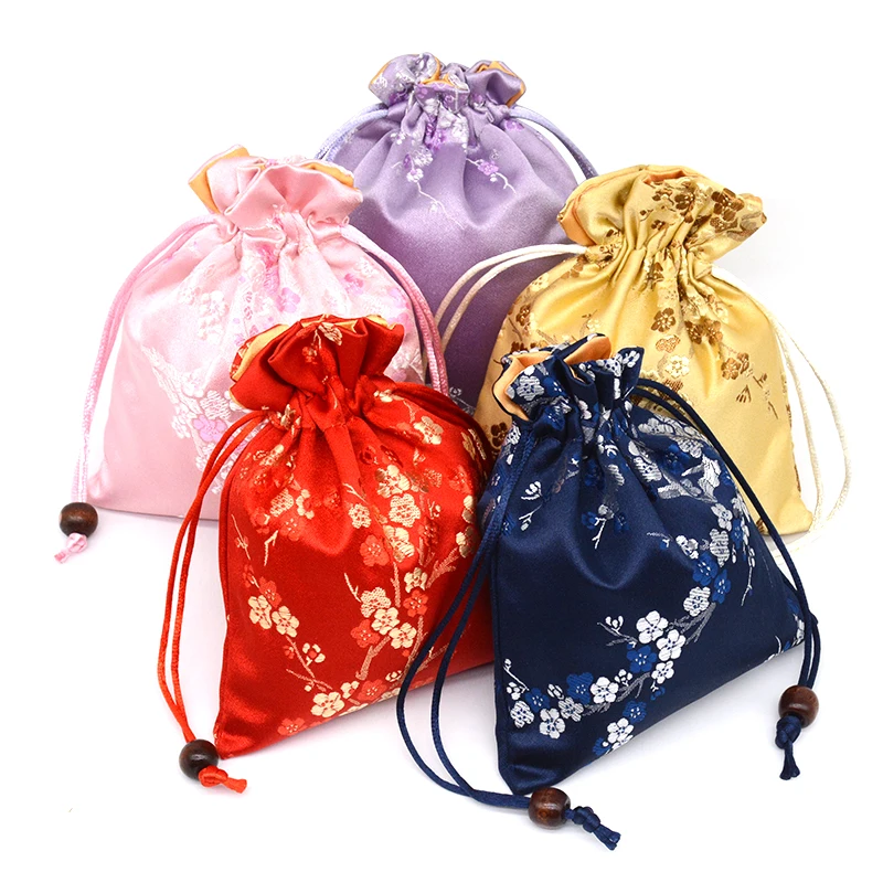 Thick Cherry blossoms Small Gift Bag Drawstring Silk Brocade Packaging Pouch Jewelry perfume Makeup Storage Pocket with lined