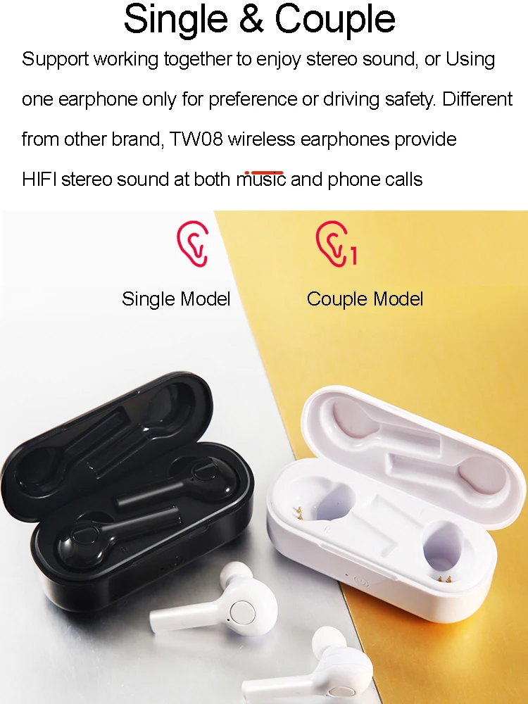 TW08 TWS беспроводные Bluetooth наушники-вкладыши одиночное/бинауральное соединение двусторонние стерео наушники для huawei samsung iPhone