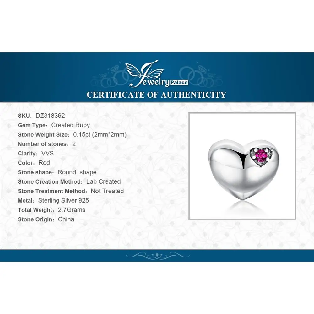 JewelryPalace навсегда нами СОЗДАН Ruby 925 пробы Серебряное сердце Шарм бисер