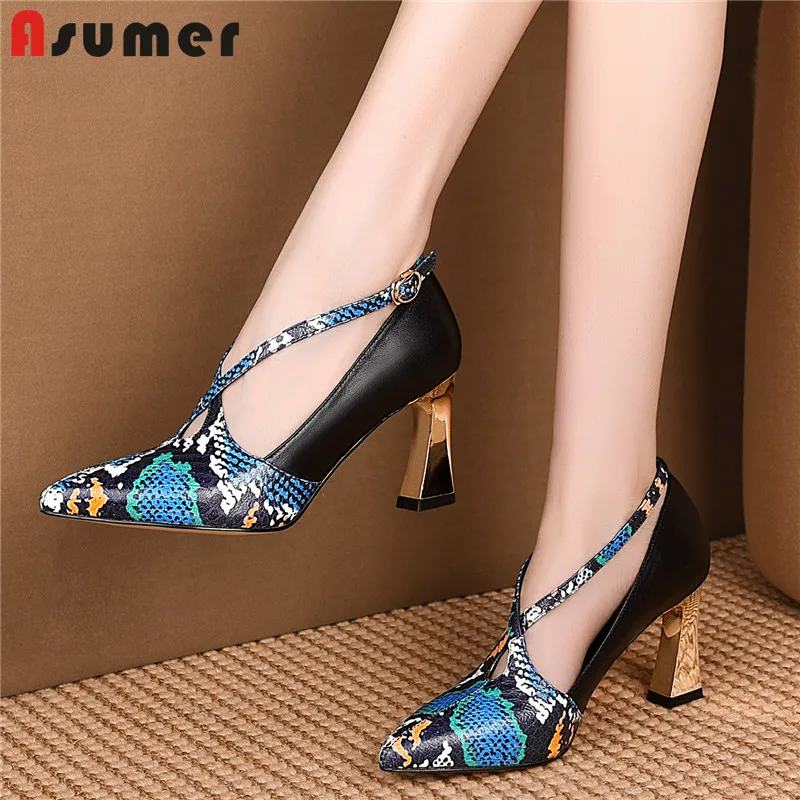 

ASUMER Plus size 33-42 New genuine leather shoes woman pointed toe snake high heels dress shoes nightclub women pumps female