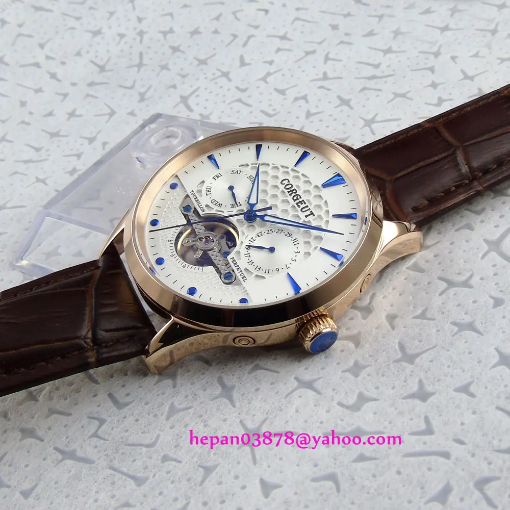 44mm Corgeut White dial blue hands Domed glass Golden case week&ampdate Multifunction Automatic movement men's watch P206 | Наручные