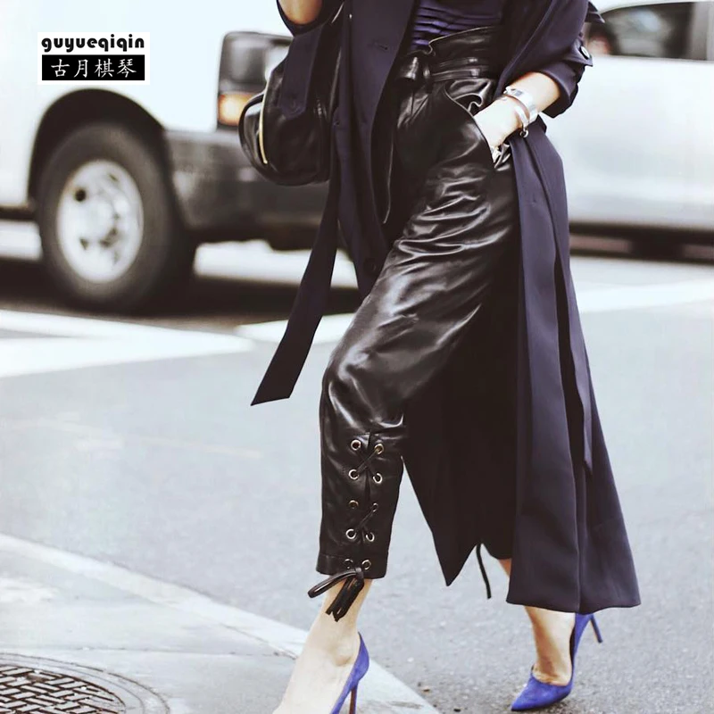 Высокая Талия Для женщин брюки 2018 осенние толстые Штаны из искусственной кожи