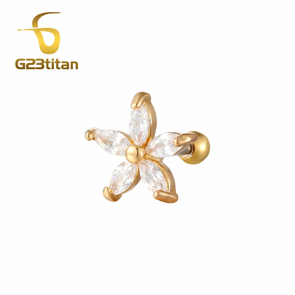 Gold Ear Stud G23titan Украшенные цветком из страз, ушные серьги, Надеваемые На ушной хрящ 16G 6 мм стержня уха для Спиральные серьги в форме раковины пирсинг кольцо Для женщин тела пирсинг ювелирные изделия - Окраска металла: Gold Ear Stud