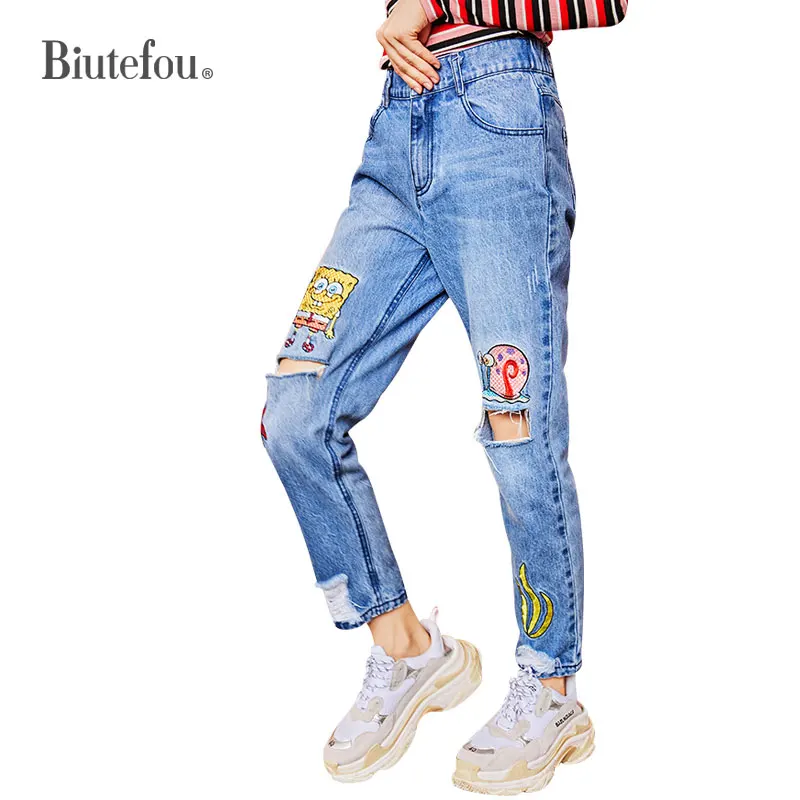 2019 сезон весна-лето рваные джинсы вышивка патч дизайн для женщин джинсовые штаны