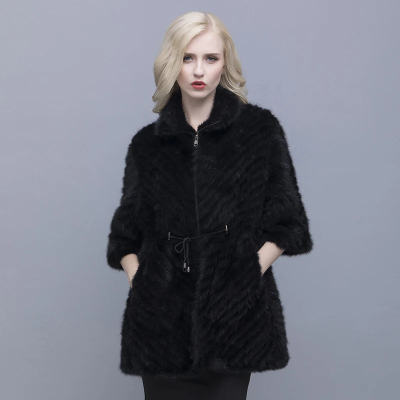 QIUSIDUN Genuine Pure Natural Mink Fur Short Sleeve Coat Fashion Winter Warm Large Size Flower Mink Oblique Thread Women's Coats