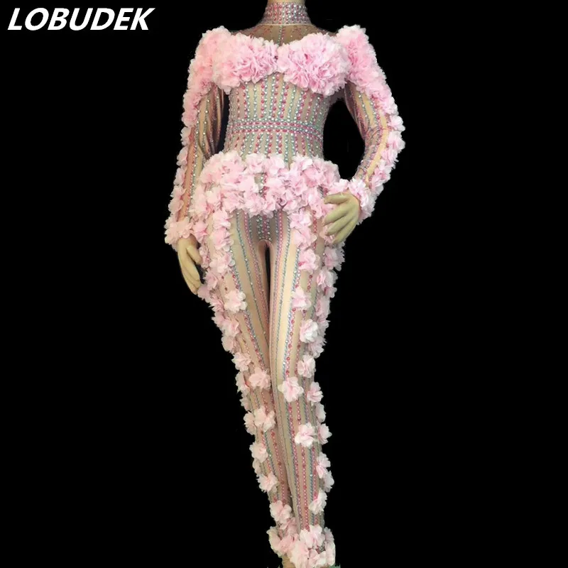 High-end Fashion Pink Flowers Crystals Jumpsuit Female Birthday Celebration Outfit Women Stage Costume Sexy Nightclub Clothing