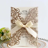 50pcs blue gold silver glitter paper laser cut wedding invitations card custom printable with ribbon envelope wedding decoration