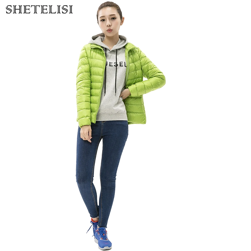 Однотонный зимний женский пуховик карманный модный 90% утиный пух ультралегкий