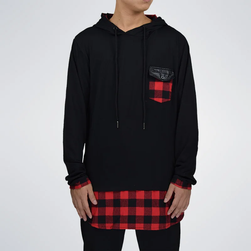 Moomphya Fall plaid patchwork hoodies Full sleeve side zip curve hem hooded sweatshirt hip hop streetwear men|hoodies men|streetwear hoodiesweatshirt