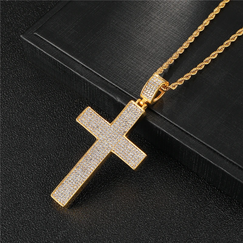 Золото Цвет Большой Bling Iced Out CZ Кристалл крест ожерелья для мужчин 316L нержавеющая