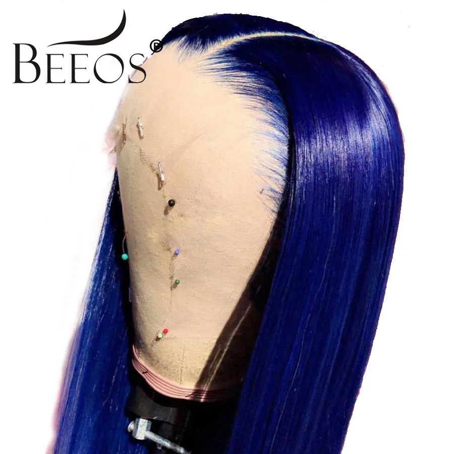 Beeos Colored Blue 150% 13*6 Lace Front Human Hair Wigs Pre Plucked Hairline Brazilian Transparent Lace Wig with Baby Hair Remy