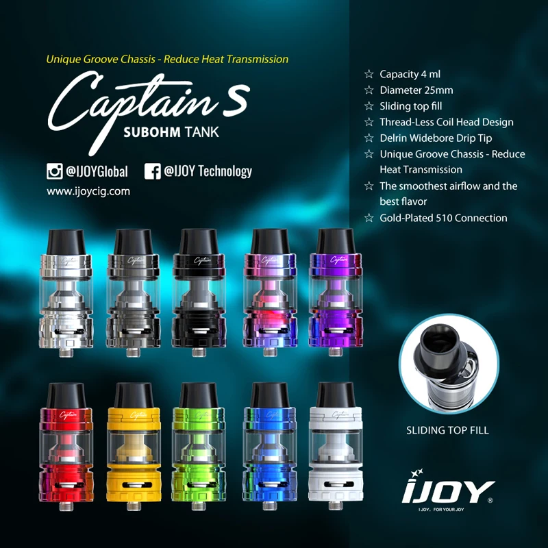 Оригинальный iJOY Captain S subohm бак 4 мл скользящий Топ наполнитель без считывания