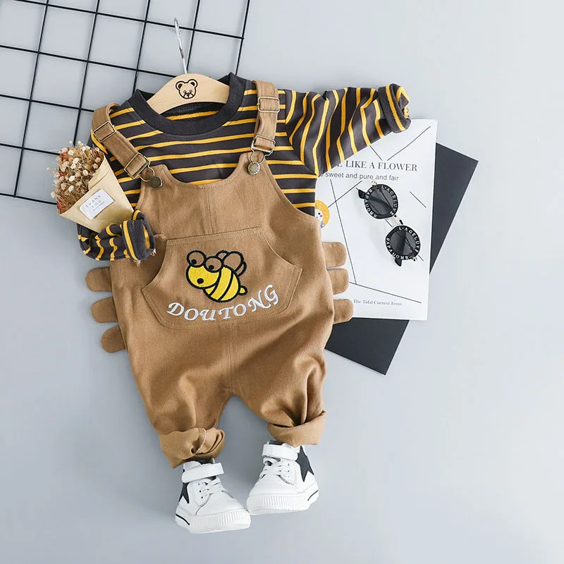 Newborn Baby Boy Outfits Clothes Striped Shirt+Cartoon Bee Overalls Bib Pants 2PCS Outfit Set Spring Autumn Kids Infant Costume |