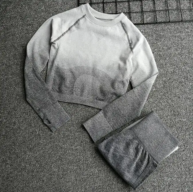 Gray white set Женский бесшовный комплект для йоги, для спортзала, высокая талия, лосины, футболки, топ, костюм с длинным рукавом, фитнес, тренировки, спорт, набор спортивной одежды для бега - Цвет: Gray white set
