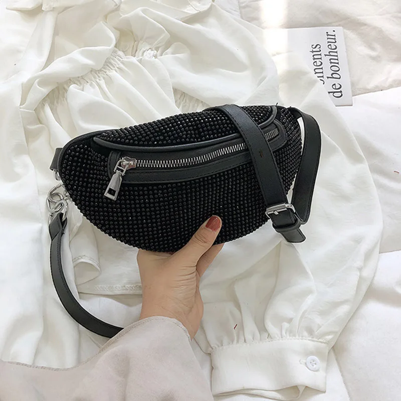Black Waist pack Чехол на пояс сумки женские поясные сумки блестящие бриллианты хип-пакеты сумка формы «банан» Роскошная модная сумка через плечо - Цвет: Black Waist pack