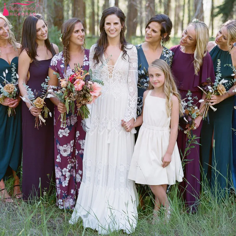 Bohemian Lace Wedding платья с рукавом-клеш глубокий v-образный вырез сексуальная открытая спина линия Boho пляжные свадебные платья Цыганский Хиппи Noivas ZW190