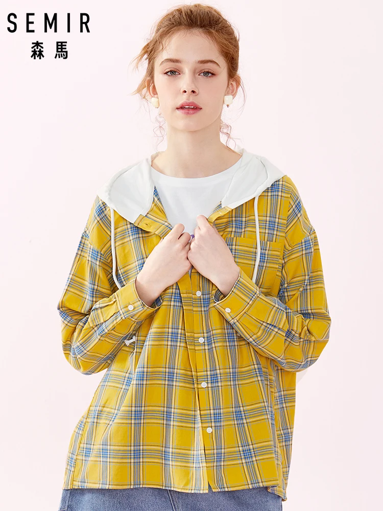 SEMIR Женская хлопковая клетчатая длинная рубашка куртка с завязкой на капюшоне