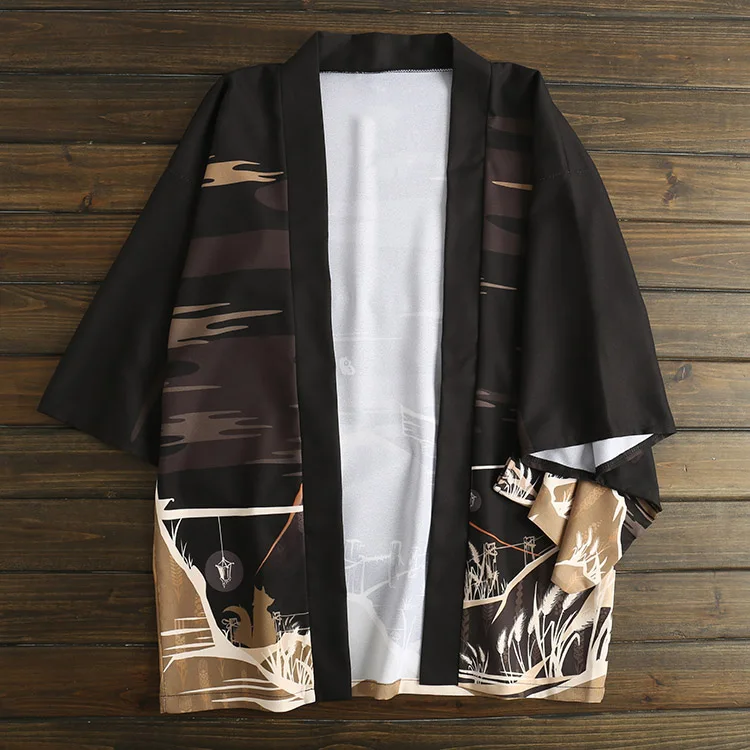Японский свободный халат Fushimi Inari Patronus эскиз темно черного цвета haori летнее