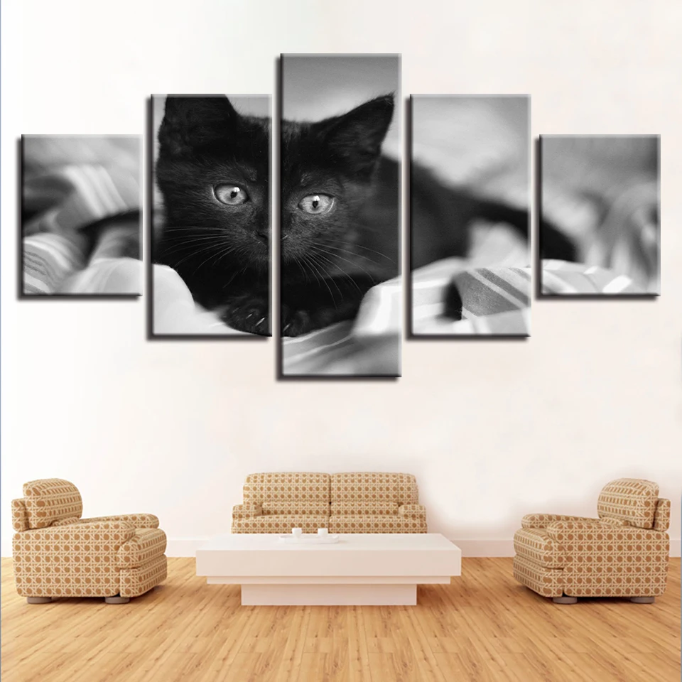 

Frame Painting Modular Art Printing 5 Pieces Animal Black Cat Posters Living Room Wall Black And White Canvas Picture Decoration