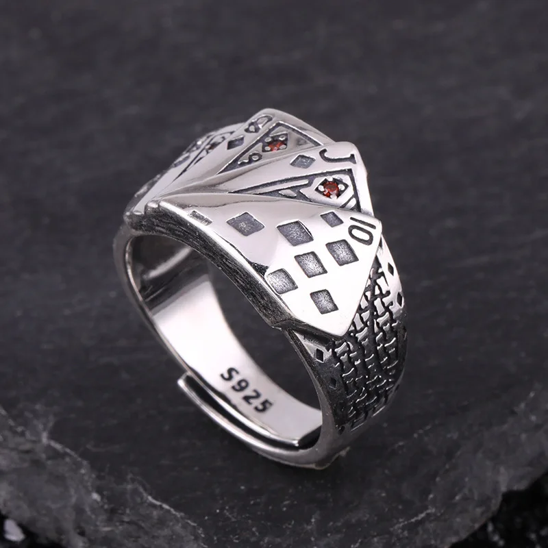 

Straight Flush playing card ring personality gambling god s925 sterling silver wide open ring