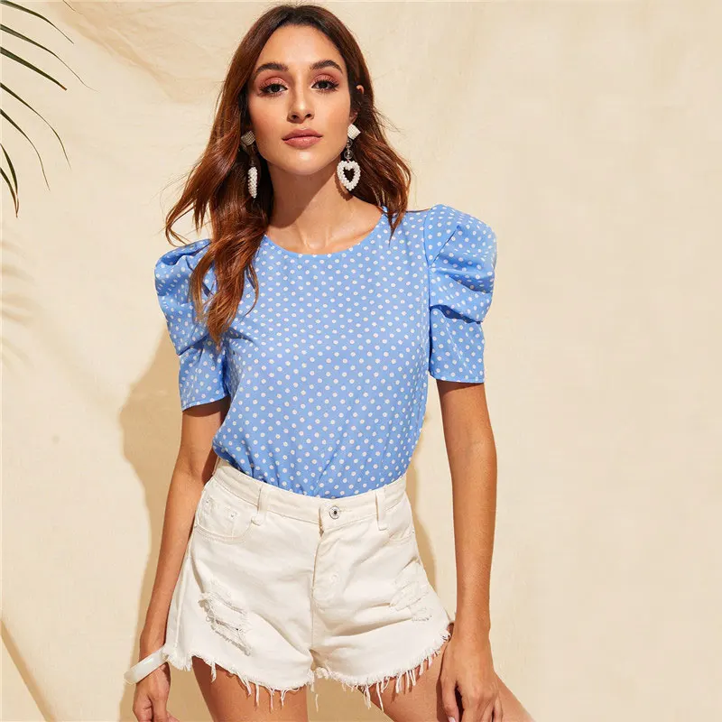 SHEIN летняя блузка в горошек с замочной скважиной на спине, с пышными рукавами, женская одежда, повседневные женские топы с круглым вырезом и коротким рукавом