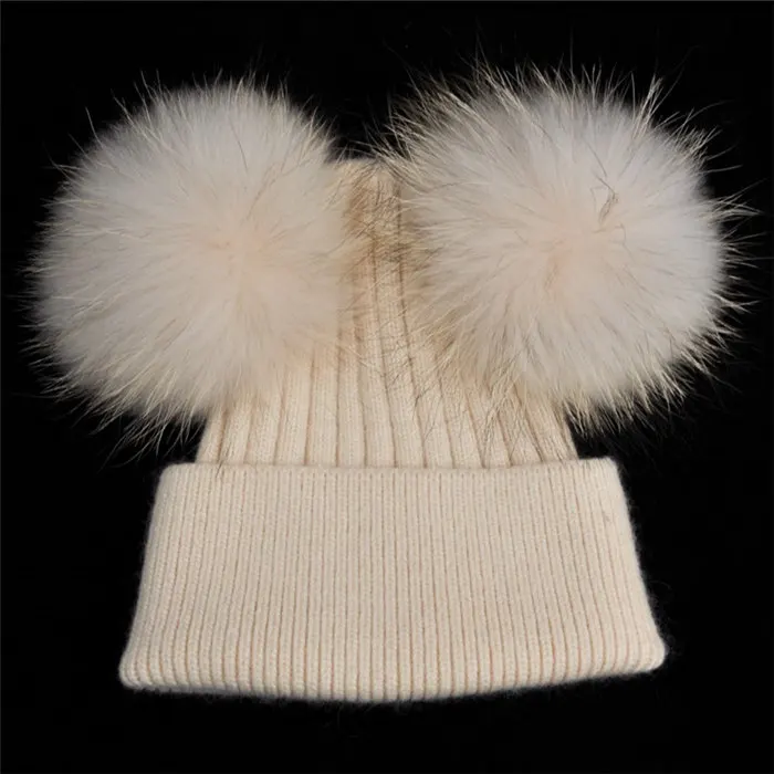 Beige match fur Женская зимняя модная меховая шапка с помпоном для девочек, Вязаная Шапка-бини для взрослых, вязаная шерстяная шапка с двумя помпонами - Цвет: Beige match fur