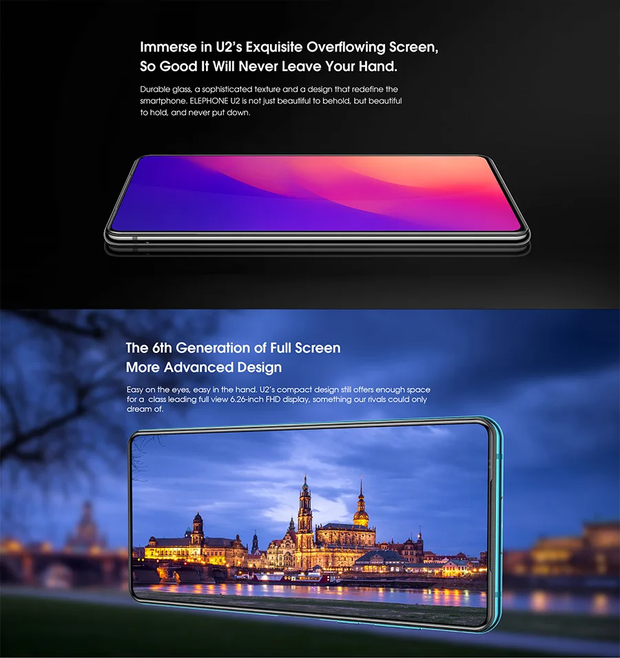 Elephone U2 16MP всплывающая камера 6,2" FHD+ экран Android 9,0 MT6771T Восьмиядерный 4/6GB 128GB Face ID 4G LTE мобильный телефон