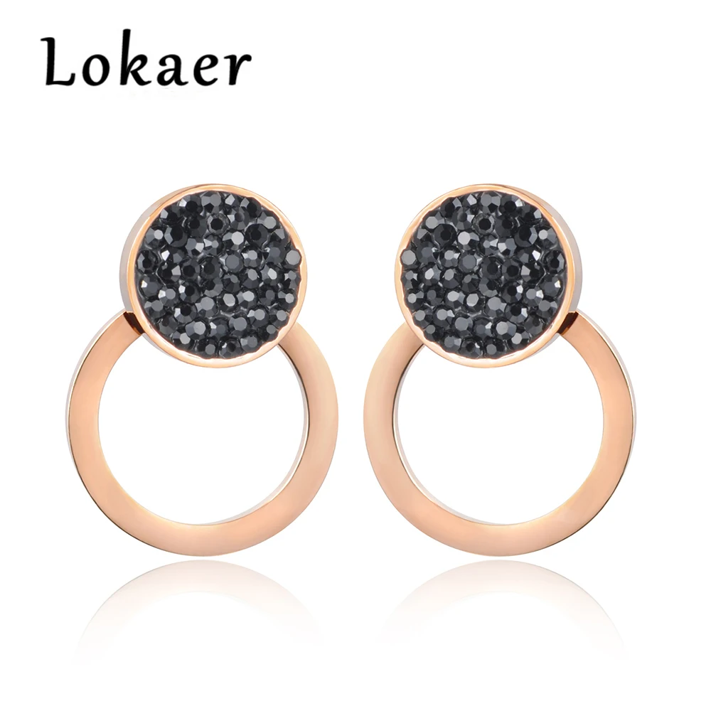 Lokaer, черные, белые стразы, двойные круглые серьги для женщин, титановая сталь, розовое золото, свадебные серьги, ювелирные изделия E180150400R - Окраска металла: Black